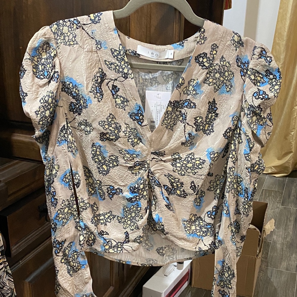 IRO Beige Floral Puff-Sleeve V-Neck Top with Blue and Black Print